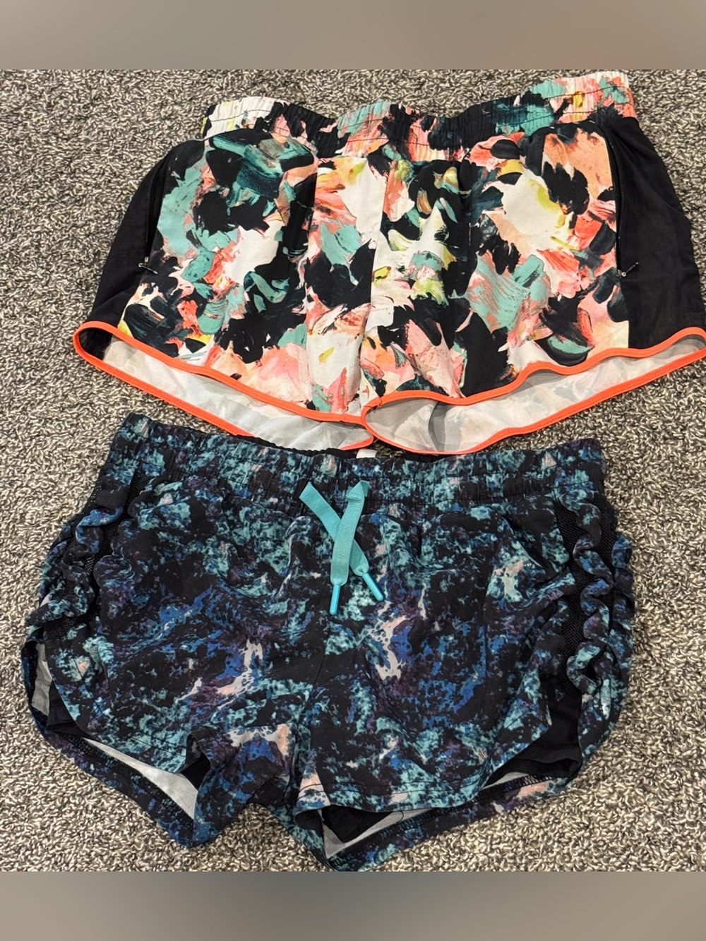Fabletics Two-Pack Women’s Athletic Shorts – Coral Trim & Teal Tie Dye